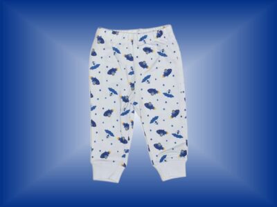 Light Blue Sweatpants with Space Saucers and Rocket Ships pattern to match onesie or t-shirt.