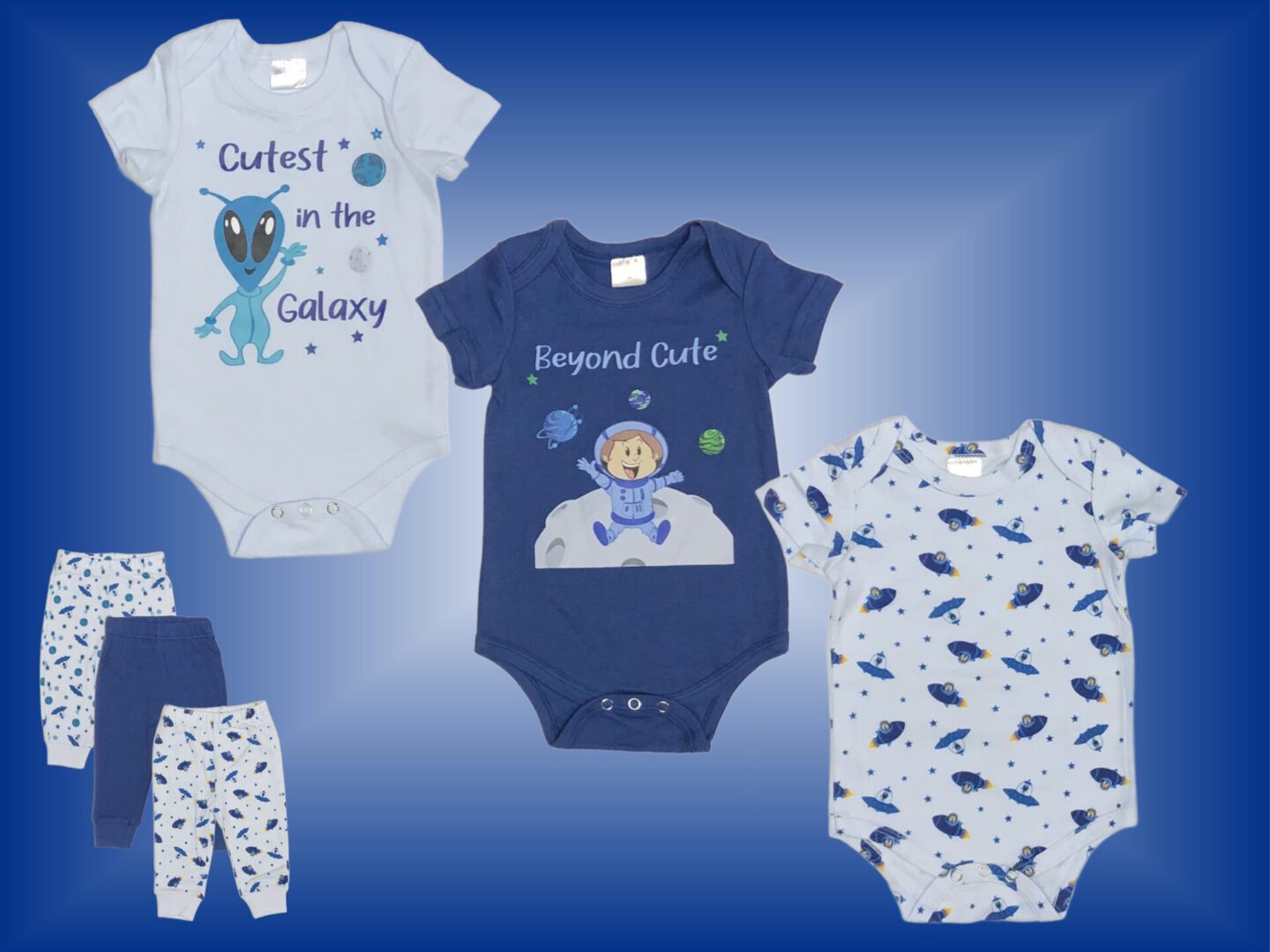 Beyond Cute Astronauts and Aliens in a Cosmic Blue Out of this World Adorable matching Set! Your little explorer will be the Cutest Baby Boy in the Galaxy with our Baby Boy Designer Prints and Patterns on matching Onesies and Pants! Sizes 3 to 18 months. Shirts and Pants 100% cotton.