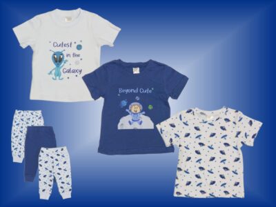 Beyond Cute Astronauts and Aliens in a Cosmic Blue Out of this World Adorable matching Set! Your little explorer will be the Cutest Baby Boy in the Galaxy with our Baby Boy Designer Prints and Patterns on matching T-shirts and Pants! Sizes 18 months to 3T. Shirts and Pants 100% cotton.