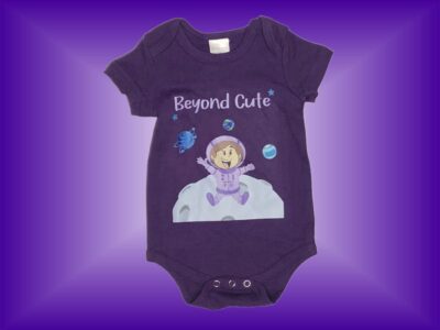 Beyond Cute Astronaut Onesie. Cute Baby Girl Astronaut Design on Dark Purple with Dark Purple Leggings. Sizes 3 to 18 months.