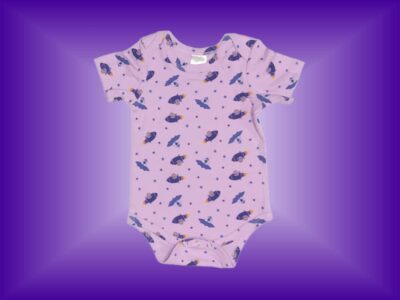 Spaceships - Girl Aliens & Saucers and Girl Astronaut & Rockets Pattern Onesie. Cute Baby Girl Astronauts in Rockets and Girl Aliens in Space Saucers Pattern on Light Purple with matching Leggings. Sizes 3 to 18 months.