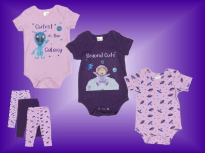 Beyond Cute Astronauts and Aliens in a Perfectly Purple Out of this World Adorable matching Set! Your little explorer will be the Cutest Baby Girl in the Galaxy with our Baby Girl Designer Prints and Patterns on matching Onesies and Leggings! Sizes 3 to 18 months. Onesies 100% cotton, Leggings 95/5 cotton/poly blend.