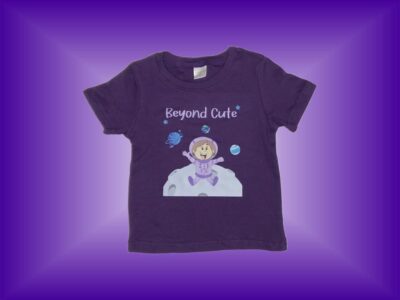 Beyond Cute Astronaut T-shirt. Cute Baby Girl Astronaut Design on Dark Purple with Dark Purple Leggings. Sizes 18 months to 3T.