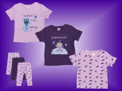 Beyond Cute Astronauts and Aliens in a Perfectly Purple Out of this World Adorable matching Set! Your little explorer will be the Cutest Baby Girl in the Galaxy with our Baby Girl Designer Prints and Patterns on matching T-shirts and Leggings! Sizes 18 months to 3T. Shirts 100% cotton, Leggings 95/5 cotton/poly blend.