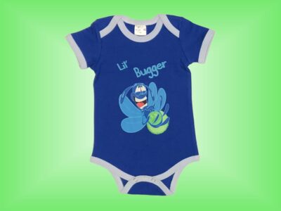 Lil' Bugger Glow Bug with Green Glow Onesie. Cute Baby Boy Glow Bug Laughing on Dark Blue with Light Blue Hem and matching Dark Blue Sweatpants. Onesie and Sweatpants sizes 3 to 18 months.