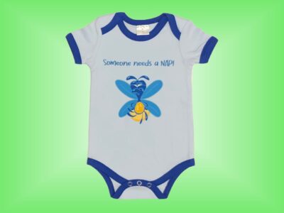 Someone Needs a Nap Onesie with Blue and Orange Glow Bug. Cute Baby Boy Glow Bug with Grumpy Face and words "Someone Needs a Nap!" on Light Blue with Dark Blue Hem and matching Light Blue Sweatpants. Onesie and Sweatpants sizes 3 to 18 months.