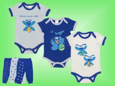 Your Lil' Bugger will be Glowing with CUTEness in our adorable Glow Bugs! Cute Baby Boy Onesies with matching Pants in Light Blue and Royal Blue with fun designs of Green and Orange Glow Bugs. Sizes 3 to 18 months. Onesies and Pants 100% cotton.