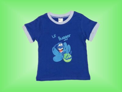 Lil' Bugger Glow Bug with Green Glow T-shirt. Cute Baby Boy Glow Bug Laughing on Dark Blue with Light Blue Hem and matching Dark Blue Sweatpants. Sizes 18 months to 3T.