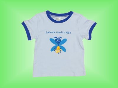 Someone Needs a Nap T-shirt with Blue and Orange Glow Bug. Cute Baby Boy Glow Bug with Grumpy Face and words "Someone Needs a Nap!" on Light Blue with Dark Blue Hem and matching Light Blue Sweatpants. Sizes 18 months to 3T.