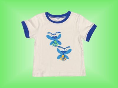 Side Eyes Glow Bugs T-shirt. Cute Baby Boy Glow Bugs in blue with bright Orange and Green glows, with Side Eyes on White with matching Dark Blue Sweatpants. Sizes 18 months to 3T.