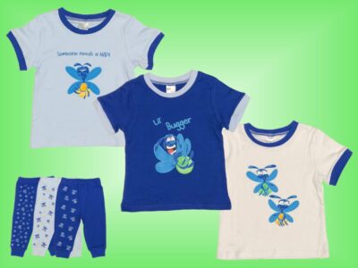 Your Lil' Bugger will be Glowing with CUTEness in our adorable Glow Bugs! Cute Baby Boy T-shirts with matching Pants in Light Blue and Royal Blue with fun designs of Green and Orange Glow Bugs. Sizes 18 months to 3T. Shirts and Pants 100% cotton.