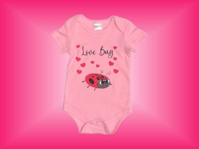 Love Bug Ladybug Onesie. Cute Baby Girl Lady Bug Design in Perfectly Pink. Love Bug Print with Pink Hearts and Dark Pink Leggings. Sizes 3 to 18 months.