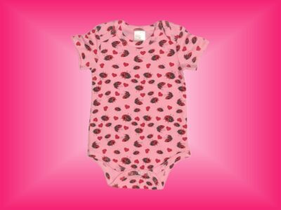 Love Bug Ladybug with Hearts Onesie. Cute Baby Girl Lady Bug Pattern Design in Perfectly Pink. Small Lady Bugs and Hearts with small words "Love Bug" with Matching Pattern Leggings. Sizes 3 to 18 months