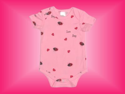 Love Bug Ladybug with Hearts Onesie. Cute Baby Girl Lady Bug Pattern Design in Perfectly Pink. Small Lady Bugs and Hearts with small words "Love Bug" with Matching Pattern Leggings. Sizes 3 to 18 months