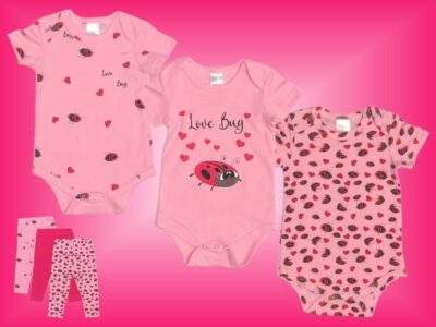 The most lovable Ladybugs for your LOVE BUG! Cute Baby Girl Love Bug Ladybug Designs in Perfectly Pink. Love Bug Designer Prints and Patterns in an all Pink Matching Set with 3 Onesies and 3 Leggings. Sizes 3 to 18 months. Onesies 100% cotton, Leggings 95/5 cotton/poly.