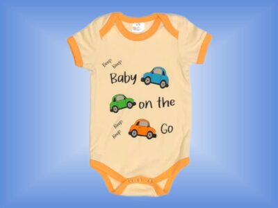 Baby on the Go Onesie. Cute Baby Boy Onesie with Bright Orange, Azure and Lime Cars and "Baby on the Go" on Light Orange with Orange Hem. Matching Sweatpants in Orange. Sizes 3 to 18 months.