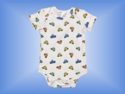 Truck and Cars All Over Onesie. Cute Baby Boy Truck and Cars Pattern on White. Matching Sweatpants. Vibrant Vehicles on this Design - Oranges, Yellow, Lime, Azure, and Blue. Sizes 3 to 18 months.