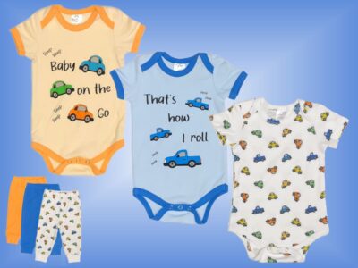 Watch out for that Baby Boy on the Go! No Stopping him in the Cutest Onesies and matching Pants! That's How Baby Boys Roll in Orange and Blue with Cars & Trucks on Onesies and Pants in sizes 3 to 18 months. Shirts and Pants 100% cotton.