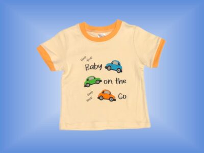 Baby on the Go T-shirt. Cute Baby Boy T-Shirt with Bright Orange, Azure and Lime Cars and "Baby on the Go" on Light Orange with Orange Hem. Matching Sweatpants in Orange. Sizes 18 months to 3T.