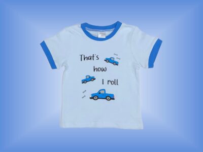 That's How I Roll Onesie. Cute Baby Boy Onesie or T-shirt with Bright Blue Trucks and "That's How I Roll" on Light Blue with Blue Hem. Matching Sweatpants in Blue. Sizes 18 months to 3T.