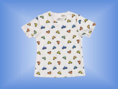 Truck and Cars All Over T-shirt. Cute Baby Boy Truck and Cars Pattern on White. Matching Sweatpants. Vibrant Vehicles on this Design - Oranges, Yellow, Lime, Azure, and Blue. Sizes 18 months to 3T.