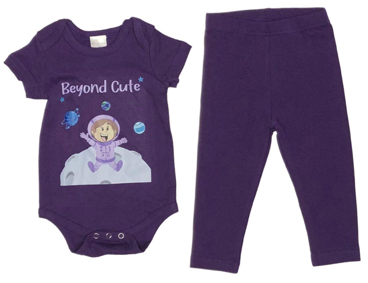 Beyond Cute Astronaut matching 2-Piece Set in Dark Purple for Baby Girls. Beyond Cute Girl Astronaut on Dark Purple top with matching Dark Purple Leggings. Onesies and T-shirts 100% cotton, Leggings 95/5 cotton/poly blend. 2-Piece Set Options: Onesie and Leggings Set sizes 3 to 18 months T-shirt and Leggings Set sizes 18 to 36 months