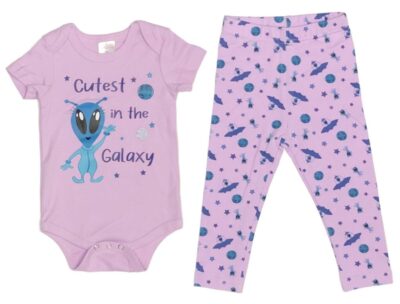 Cutest in the Galaxy Baby Girl Alien matching 2-Piece Set in Light Purple. Cutest in the Galaxy Girl Alien on Light Purple top with matching Spacesaucers and Girl Aliens Pattern on Light Purple Leggings. Onesies and T-shirts 100% cotton, Leggings 95/5 cotton/poly blend. 2-Piece Set Options: Onesie and Legging Set sizes 3 to 18 months T-shirt and Leggings Set sizes 18 to 36 months