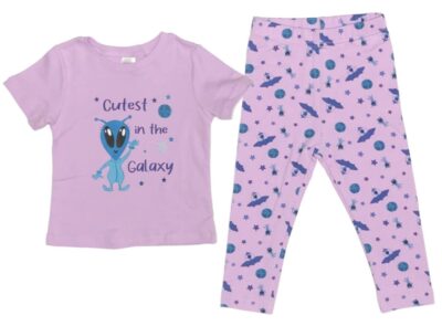 Cutest in the Galaxy Baby Girl Alien matching 2-Piece Set in Light Purple. Cutest in the Galaxy Girl Alien on Light Purple top with matching Spacesaucers and Girl Aliens Pattern on Light Purple Leggings. Onesies and T-shirts 100% cotton, Leggings 95/5 cotton/poly blend. 2-Piece Set Options: Onesie and Legging Set sizes 3 to 18 months T-shirt and Leggings Set sizes 18 to 36 months