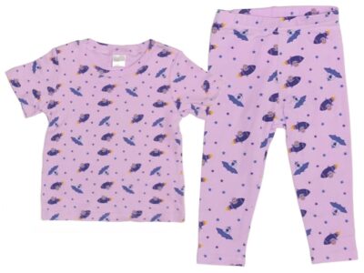 Out of this World Space Ships for Baby Girls in a 2-Piece Set. Cute Baby Girl Astronauts in Rockets and Girl Aliens in Space Saucers Pattern on Light Purple with matching Leggings. Onesies and T-shirts 100% cotton, Leggings 95/5 cotton/poly blend. 2-Piece Options: Onesie and Leggings Set sizes 3 to 18 months T-shirt with Leggings Set sizes 18 to 36 months