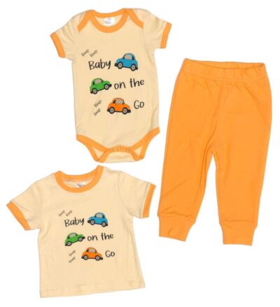 Baby on the Go! Cute Baby Boy 2-Piece Set. Bright Orange, Azure and Lime Cars and "Baby on the Go" on Light Orange with Orange Hem. Matching Sweatpants in Orange. 100% Cotton. 2-Piece Set Options: Onesie and Pants Set sizes 3 to 18 months T-shirt and Pants Set sizes 18-36 months