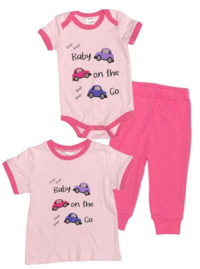 Baby on the Go! Cute Baby Girl 2-Piece Set. Bright Pink and Purple Cars with "Baby on the Go" on Light Pink with Pink Hem. Matching Pink Sweatpants. 100% Cotton. 2-Piece Options: Onesie and Pants Set sizes 3 to 18 month T-shirt and Pants Set sizes 18 to 36 months