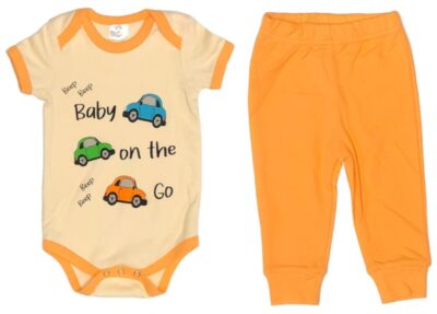 Baby on the Go! Cute Baby Boy 2-Piece Set. Bright Orange, Azure and Lime Cars and "Baby on the Go" on Light Orange with Orange Hem. Matching Sweatpants in Orange. 100% Cotton. 2-Piece Set Options: Onesie and Pants Set sizes 3 to 18 months T-shirt and Pants Set sizes 18-36 months