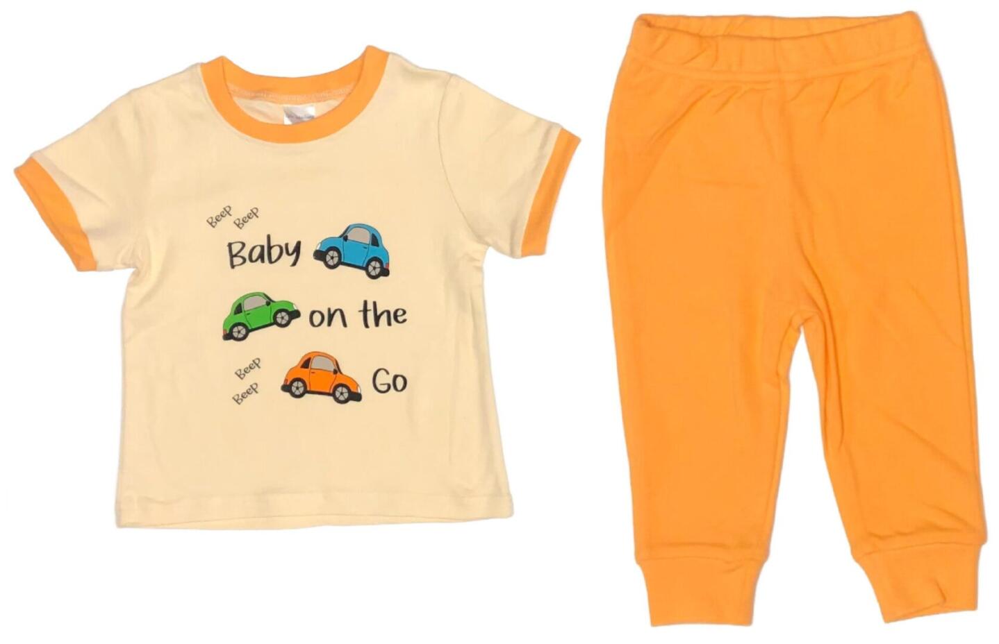 Baby on the Go! Cute Baby Boy 2-Piece Set. Bright Orange, Azure and Lime Cars and "Baby on the Go" on Light Orange with Orange Hem. Matching Sweatpants in Orange. 100% Cotton. 2-Piece Set Options: Onesie and Pants Set sizes 3 to 18 months T-shirt and Pants Set sizes 18-36 months