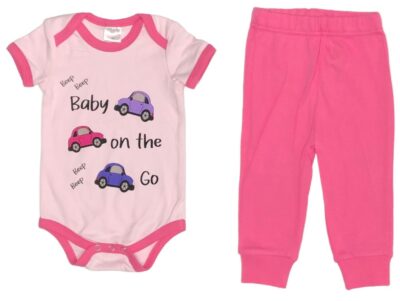 Baby on the Go! Cute Baby Girl 2-Piece Set. Bright Pink and Purple Cars with "Baby on the Go" on Light Pink with Pink Hem. Matching Pink Sweatpants. 100% Cotton. 2-Piece Options: Onesie and Pants Set sizes 3 to 18 month T-shirt and Pants Set sizes 18 to 36 months