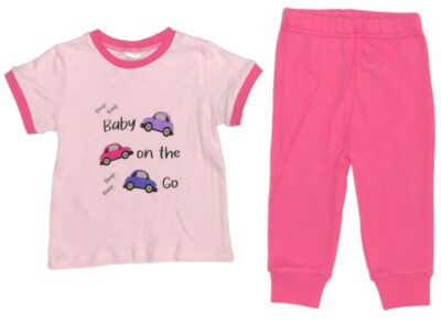 Baby on the Go! Cute Baby Girl 2-Piece Set. Bright Pink and Purple Cars with "Baby on the Go" on Light Pink with Pink Hem. Matching Pink Sweatpants. 100% Cotton. 2-Piece Options: Onesie and Pants Set sizes 3 to 18 month T-shirt and Pants Set sizes 18 to 36 months