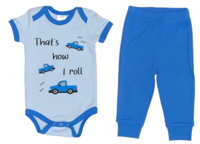 That's How Baby Boys Roll in a 2-Piece Set. Blue Onesie or T-shirt with matching Blue Sweatpants. 100% Cotton. 2-Piece Set Options: Onesie and Pants Set sizes 3 to 18 months T-shirt and Pants Set sizes 18 to 36 months