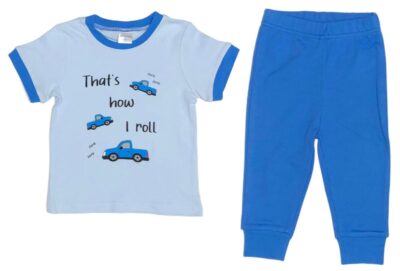 That's How Baby Boys Roll in a 2-Piece Set. Blue Onesie or T-shirt with matching Blue Sweatpants. 100% Cotton. 2-Piece Set Options: Onesie and Pants Set sizes 3 to 18 months T-shirt and Pants Set sizes 18 to 36 months