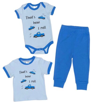 That's How Baby Boys Roll in a 2-Piece Set. Blue Onesie or T-shirt with matching Blue Sweatpants. 100% Cotton. 2-Piece Set Options: Onesie and Pants Set sizes 3 to 18 months T-shirt and Pants Set sizes 18 to 36 months