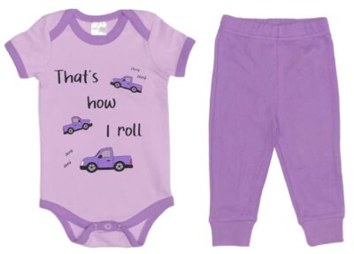 That's How Baby Girls Roll in a 2-Piece Set. Purple Onesie or T-shirt with matching Purple Sweatpants. 100% Cotton. 2-Piece Options: Onesie and Pants Set sizes 3 to 18 months T-shirt and Pants Set sizes 18 to 36 months