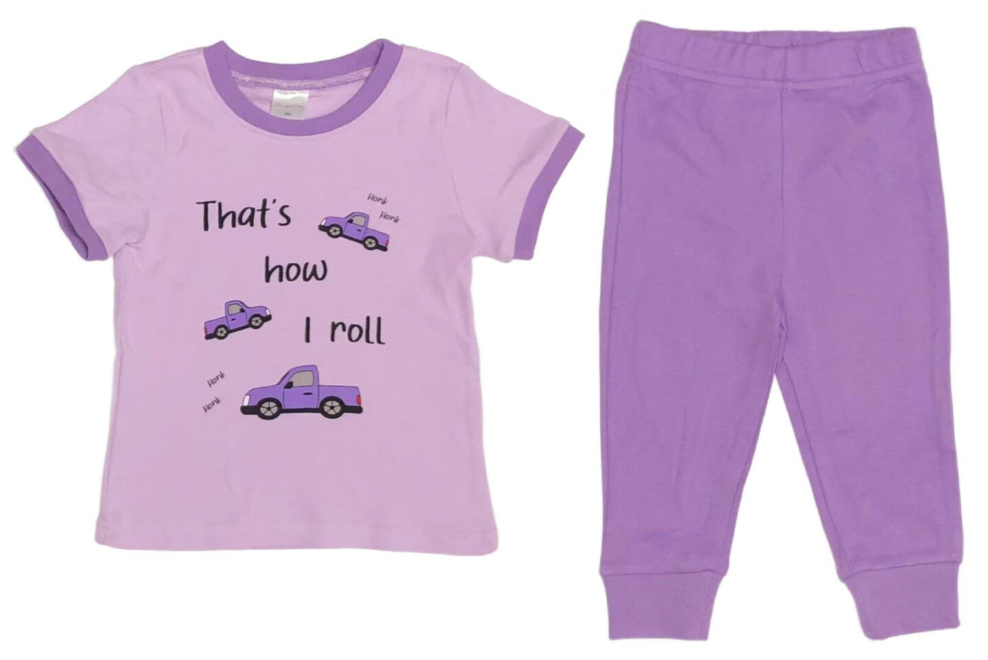 That's How Baby Girls Roll in a 2-Piece Set. Purple Onesie or T-shirt with matching Purple Sweatpants. 100% Cotton. 2-Piece Options: Onesie and Pants Set sizes 3 to 18 months T-shirt and Pants Set sizes 18 to 36 months