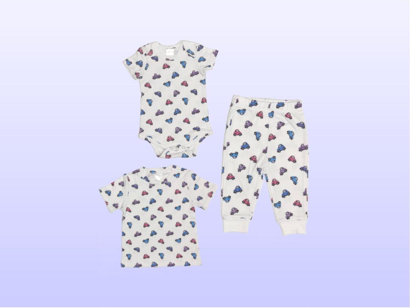 No Stopping That Baby Girl in Truck and Cars All Over Pattern 2-Piece Set. Onesie or T-shirt with matching Pants. Vibrant Vehicles on this Design - Purples, Periwinkle, Pink, and Aqua. 100% Cotton. 2-Piece Set Options: Onesie and Pants Set sizes 3 to 18 months T-shirt and Pants Set sizes 18 to 36 months