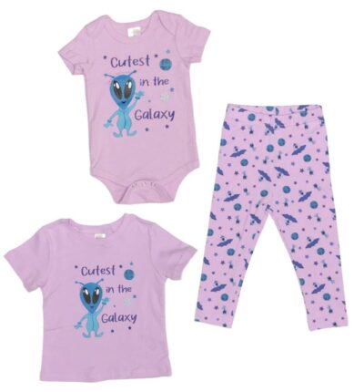 Cutest in the Galaxy Baby Girl Alien matching 2-Piece Set in Light Purple. Cutest in the Galaxy Girl Alien on Light Purple top with matching Spacesaucers and Girl Aliens Pattern on Light Purple Leggings. Onesies and T-shirts 100% cotton, Leggings 95/5 cotton/poly blend. 2-Piece Set Options: Onesie and Legging Set sizes 3 to 18 months T-shirt and Leggings Set sizes 18 to 36 months