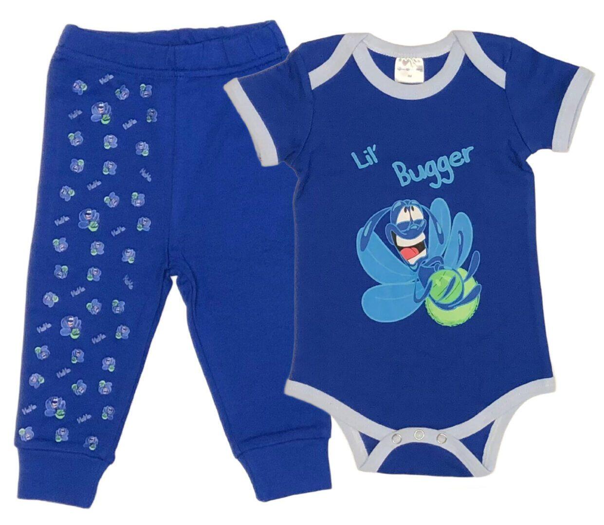 Your Lil' Bugger will be Glowing with CUTEness in this Matching Set on Royal Blue with Light Blue Hem and Laughing Green Glow Bug and Lil' Bugger. Custom printed Royal Blue Pants with laughing Glow Bugs. 100% Cotton. 2-Piece Set Options: Onesie and Pants Set sizes 3 to 18 months T-shirt and Pants Set sizes 18 to 36 months