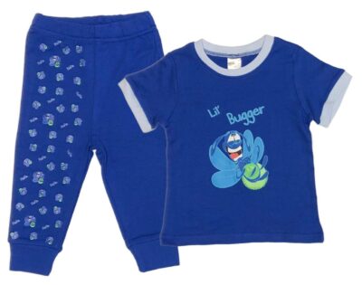 Your Lil' Bugger will be Glowing with CUTEness in this Matching Set on Royal Blue with Light Blue Hem and Laughing Green Glow Bug and Lil' Bugger. Custom printed Royal Blue Pants with laughing Glow Bugs. 100% Cotton. 2-Piece Set Options: Onesie and Pants Set sizes 3 to 18 months T-shirt and Pants Set sizes 18 to 36 months