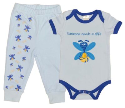 Someone Needs a Nap! Matching top and bottom 2-Piece Sets in either Onesie or T-shirt with matching sweatpants. Cute Baby Boy Glow Bug with Grumpy Face and "Someone Needs a Nap!" on Light Blue with Dark Blue Hem and matching Light Blue Sweatpants with Grumpy Face Glow Bugs. 100% Cotton. 2-Piece Set Options: Onesie and Pants Set sizes 3 to 18 months T-shirt and Pants Set sizes 18 to 36 months