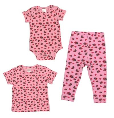 Ladybug and Hearts All Over pattern for your LITTLE BUG! Cute Baby Girl Ladybugs Pattern in a Perfectly Pink matching Top with Leggings. Tops 100% cotton, Leggings 95/5 cotton/poly 2-Piece Set Options: Onesie and Leggings Set sizes 3 to 18 months T-shirt and Leggings Set sizes 18 to 36 months