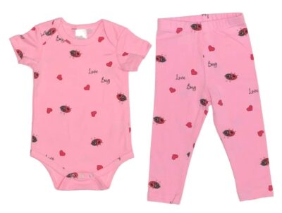 Love Bug and Ladybug pattern for your Little LOVE BUG! Cute Baby Girl Love Bug Ladybug Pattern in Perfectly Pink matching Top with Leggings. Tops 100% cotton, Leggings 95/5 cotton/poly. 2-Piece Set Options: Onesie and Leggings Set sizes 3 to 18 months T-shirt and Leggings Set sizes 18 to 36 months