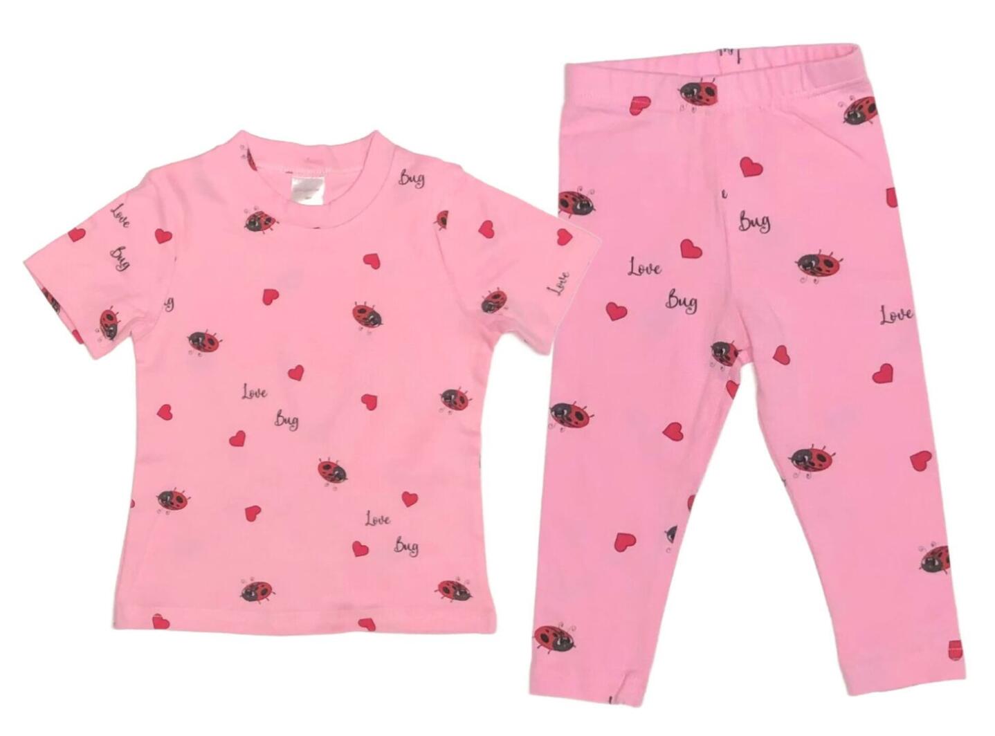 Love Bug and Ladybug pattern for your Little LOVE BUG! Cute Baby Girl Love Bug Ladybug Pattern in Perfectly Pink matching Top with Leggings. Tops 100% cotton, Leggings 95/5 cotton/poly. 2-Piece Set Options: Onesie and Leggings Set sizes 3 to 18 months T-shirt and Leggings Set sizes 18 to 36 months