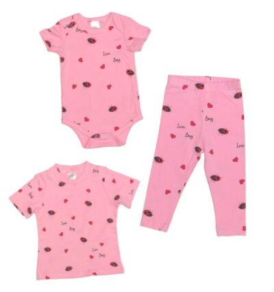 Love Bug and Ladybug pattern for your Little LOVE BUG! Cute Baby Girl Love Bug Ladybug Pattern in Perfectly Pink matching Top with Leggings. Tops 100% cotton, Leggings 95/5 cotton/poly. 2-Piece Set Options: Onesie and Leggings Set sizes 3 to 18 months T-shirt and Leggings Set sizes 18 to 36 months