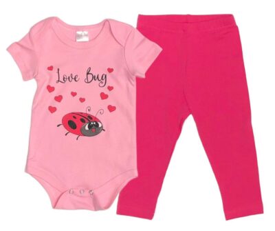 The most lovable Ladybug for your LOVE BUG! Cute Baby Girl Love Bug Ladybug Design on Perfectly Pink Onesie or T-shirt with Dark Pink Leggings. Tops 100% cotton, Leggings 95/5 cotton/poly. 2-Piece Set Options: Onesie and Leggings Set sizes 3 to 18 months T-shirt and Leggings Set sizes 18 to 36 months